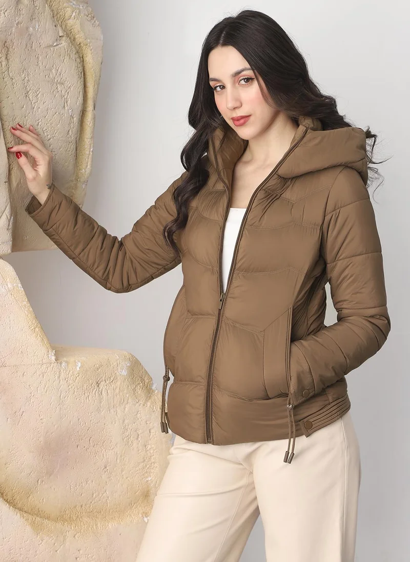جلو باص Globus Women Brown Long Sleeves Front Zip 2 Pockets Hooded Winterwear Puffer Jacket